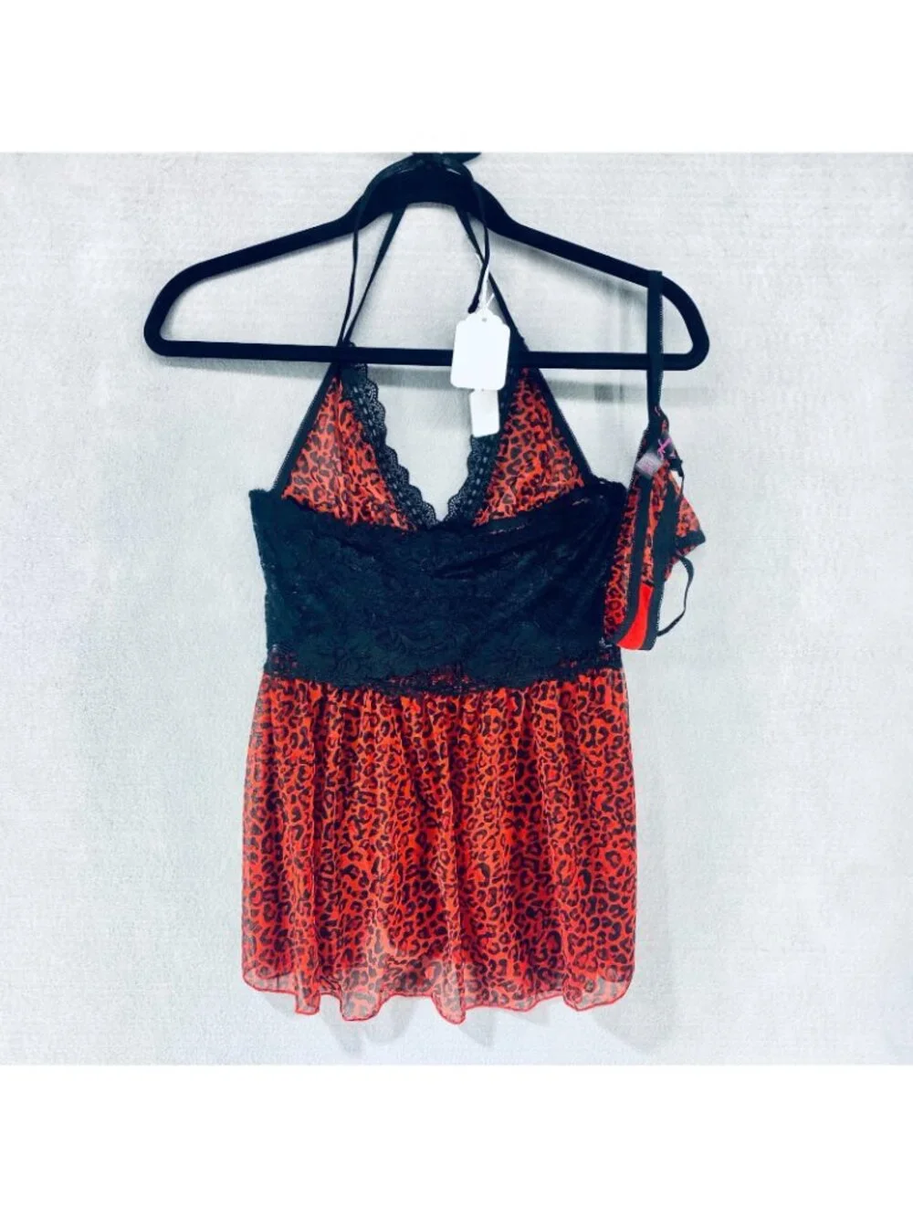 Vintage Womens Babydoll Lingerie Set S Black Red Lace Top G String y2k 90s